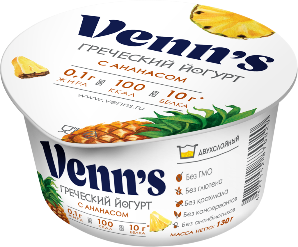 Йогурт VENN'S Греческий с ананасом 0,1%, без змж, 130г (Россия, 130 г)