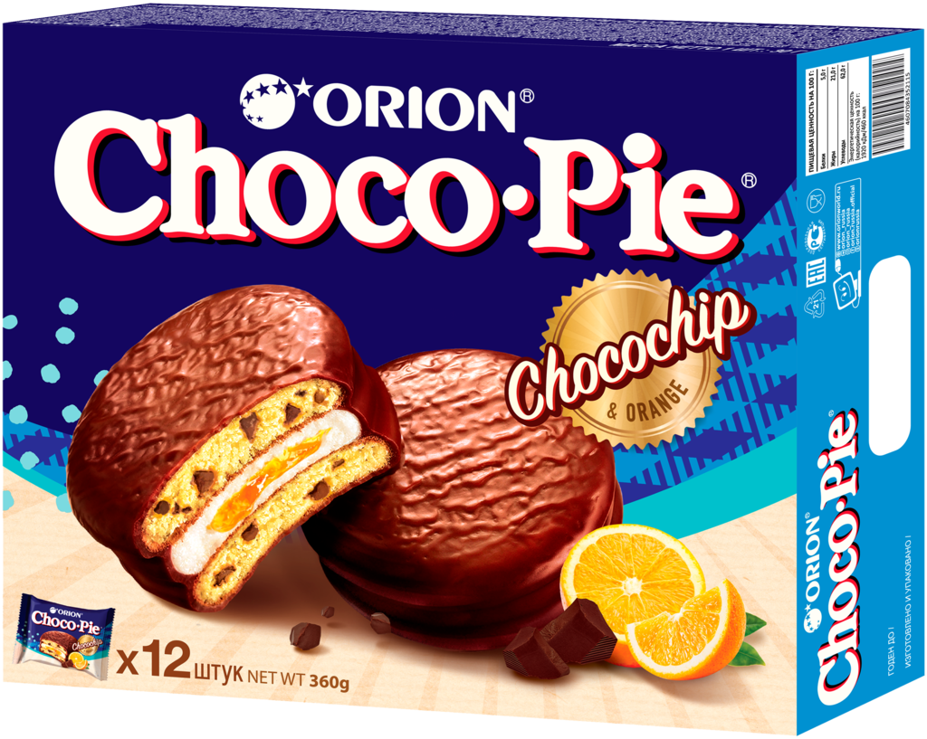 Бисквит ORION Choco Pie Chocochip с кусочками шоколада в глазури, 360г (Россия, 360 г)