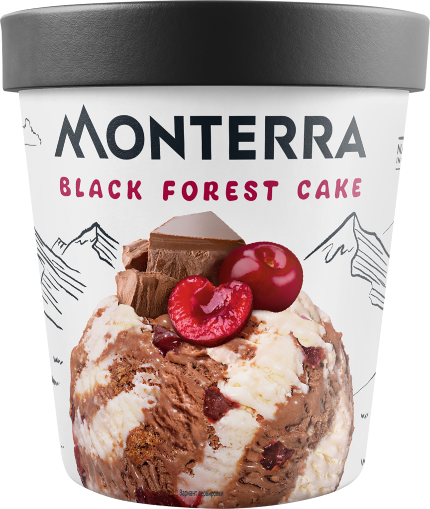 Мороженое MONTERRA Black Forest Cake, сливочное и шоколадное с вишней и кусочками печенья 10,4%, без змж, картонный стакан, 300г (Россия, 300 г)