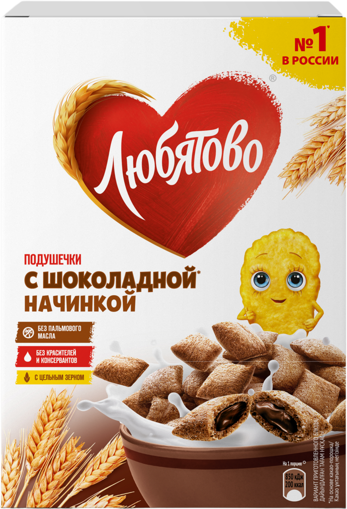 Готовый завтрак ЛЮБЯТОВО Подушечки с шоколадной начинкой, 220г (Россия, 220 г)
