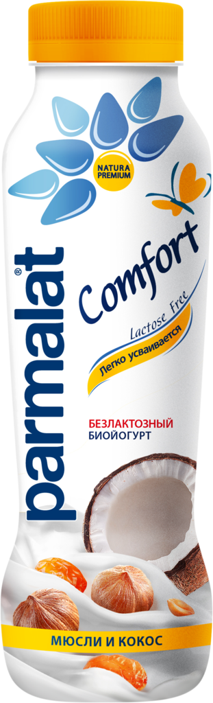 Биойогурт питьевой PARMALAT Comfort безлактозный Мюсли, кокос 1,5%, без змж, 290г (Россия, 290 г)