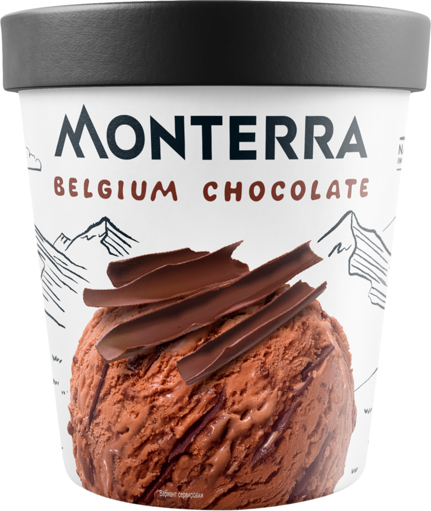 Мороженое MONTERRA Belgium Chocolate, сливочное с бельгийским шоколадом и шоколадным соусом 17,3%, без змж, картонный стакан, 276г (Россия, 276 г)